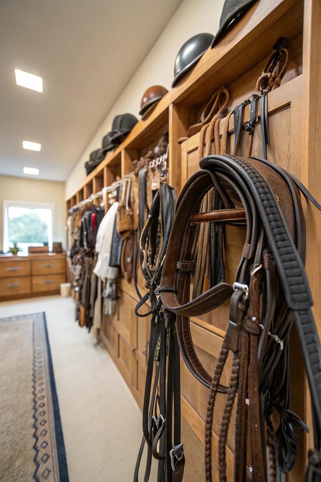 Custom reign holders adding flair and organization to a tack room.