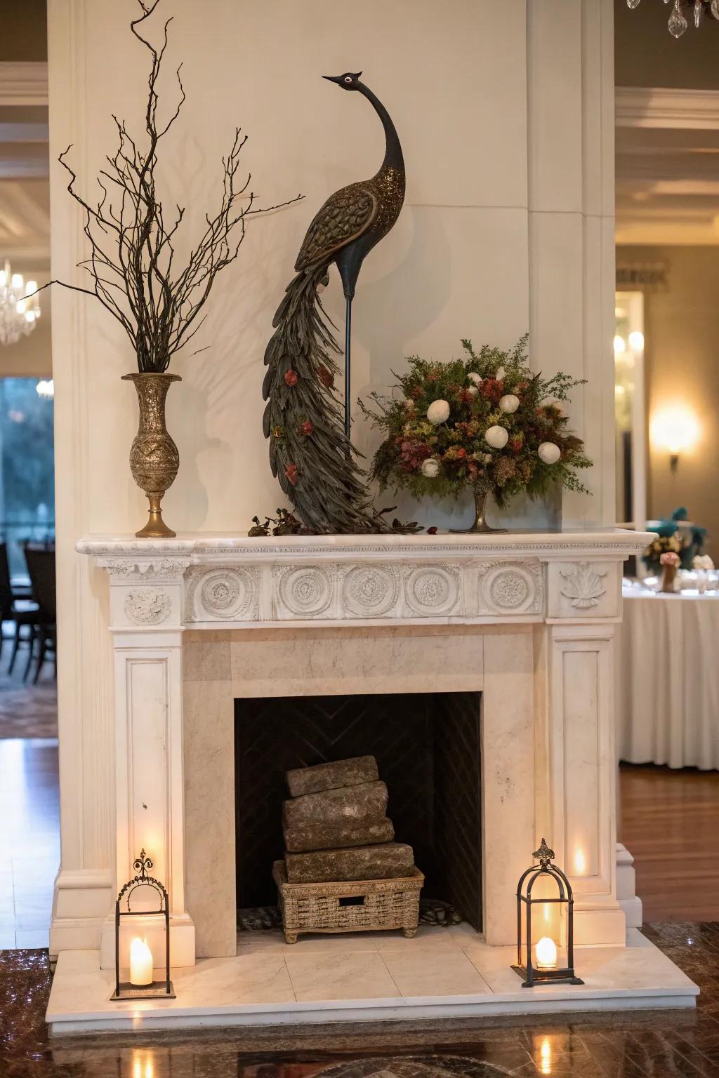 A high mantel featuring a bold statuette as the centerpiece.