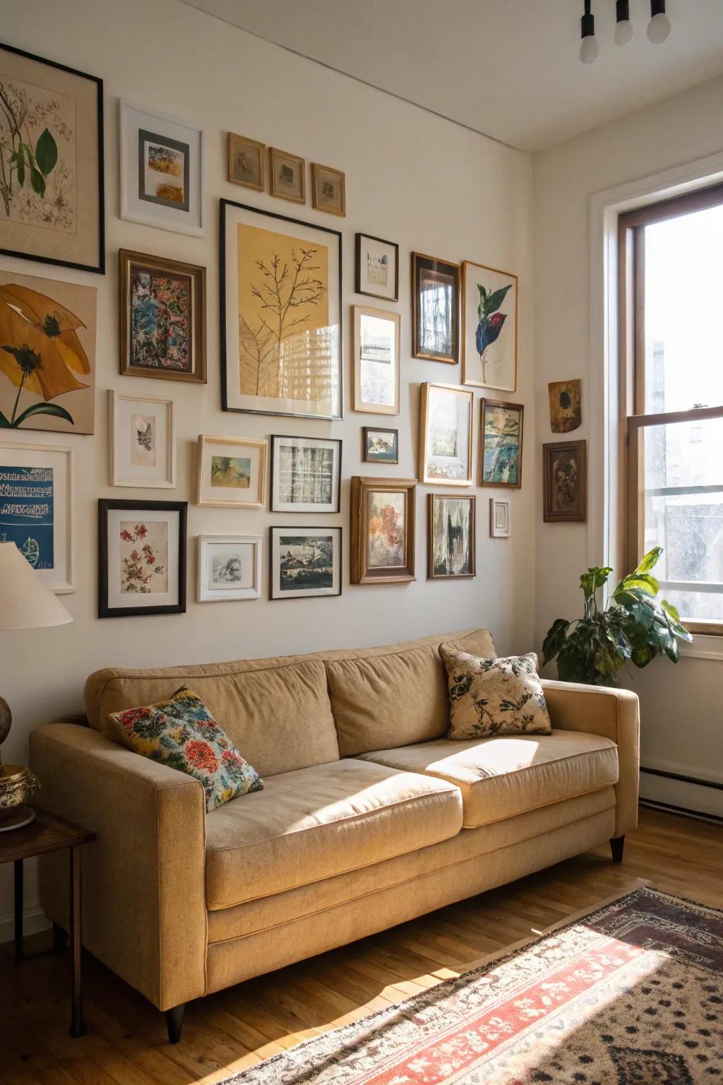 A wall exhibit customizes the area and highlights the beige sofa.