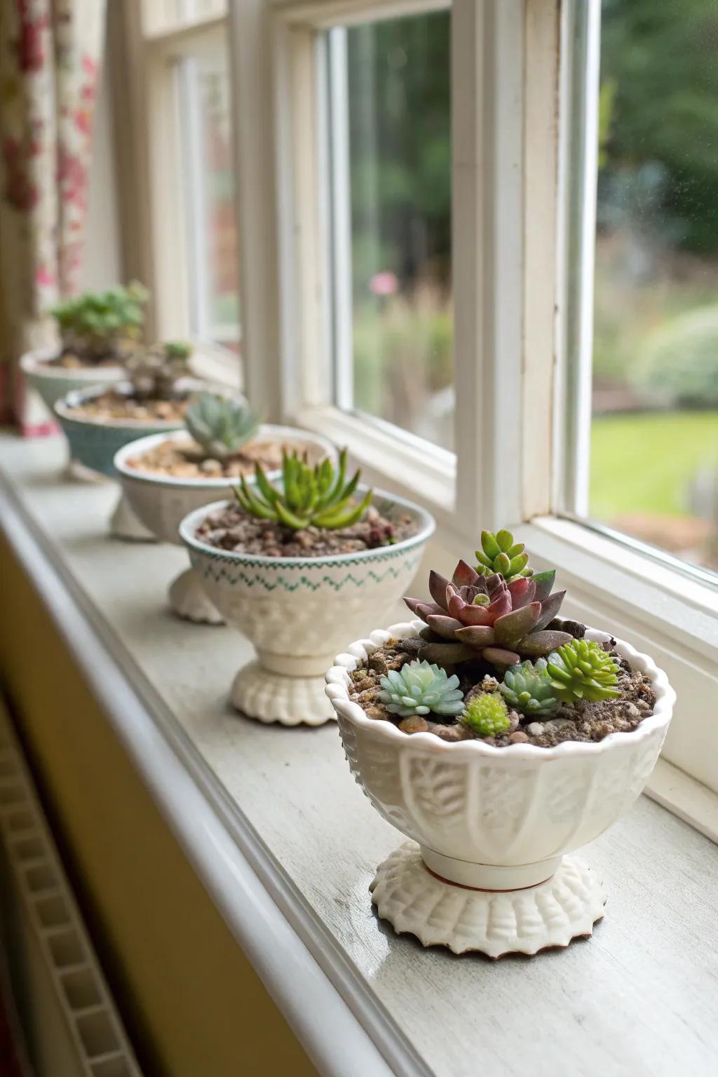 Miniature succulent pots bring lasting greenery.
