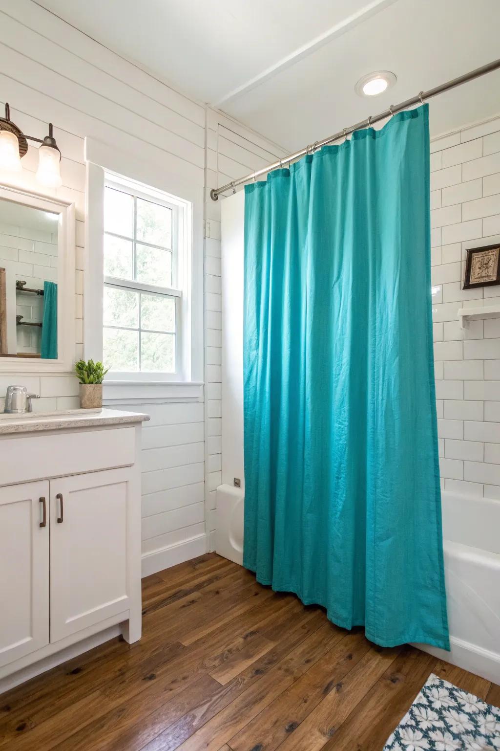 Brighten your space with an impressive cerulean showering drape.