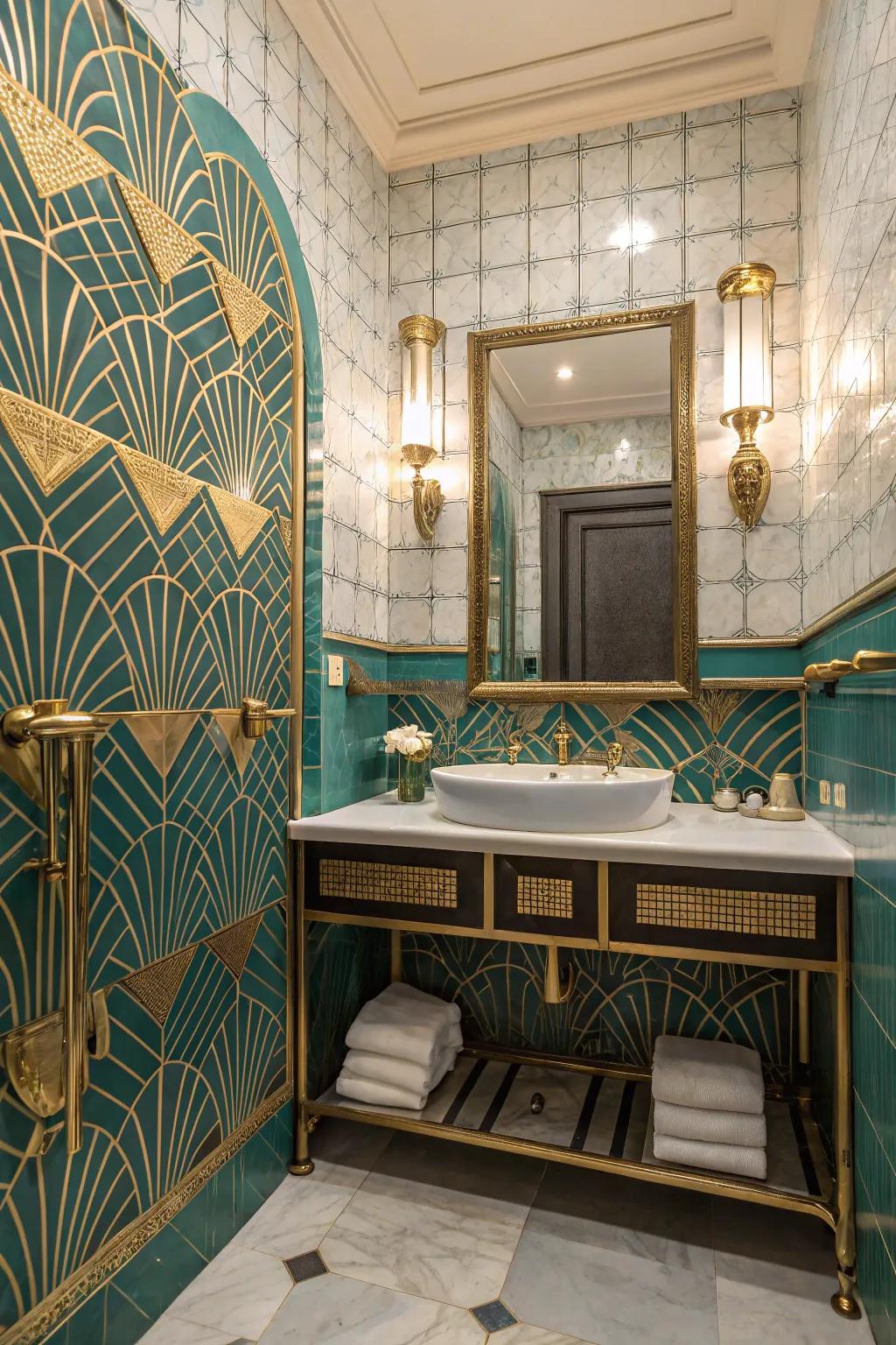 Art Deco features teamed with turquoise ceramics for a glamorous appearance.