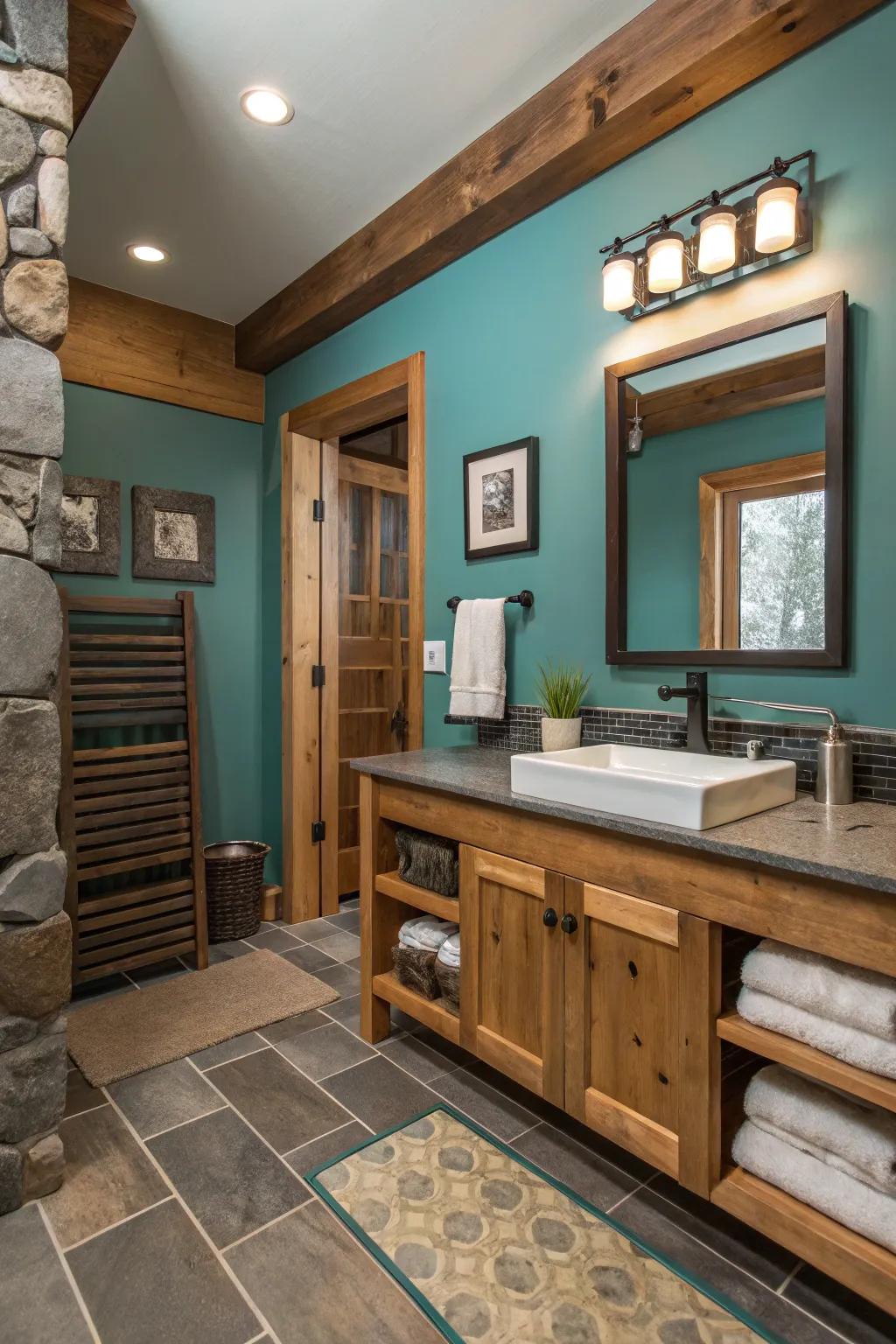 Spa-like lavatory ambiance featuring turquoise and raw materials.