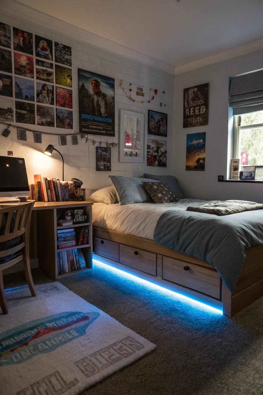 Below-bed illumination introduces a cool, unexpected radiance.