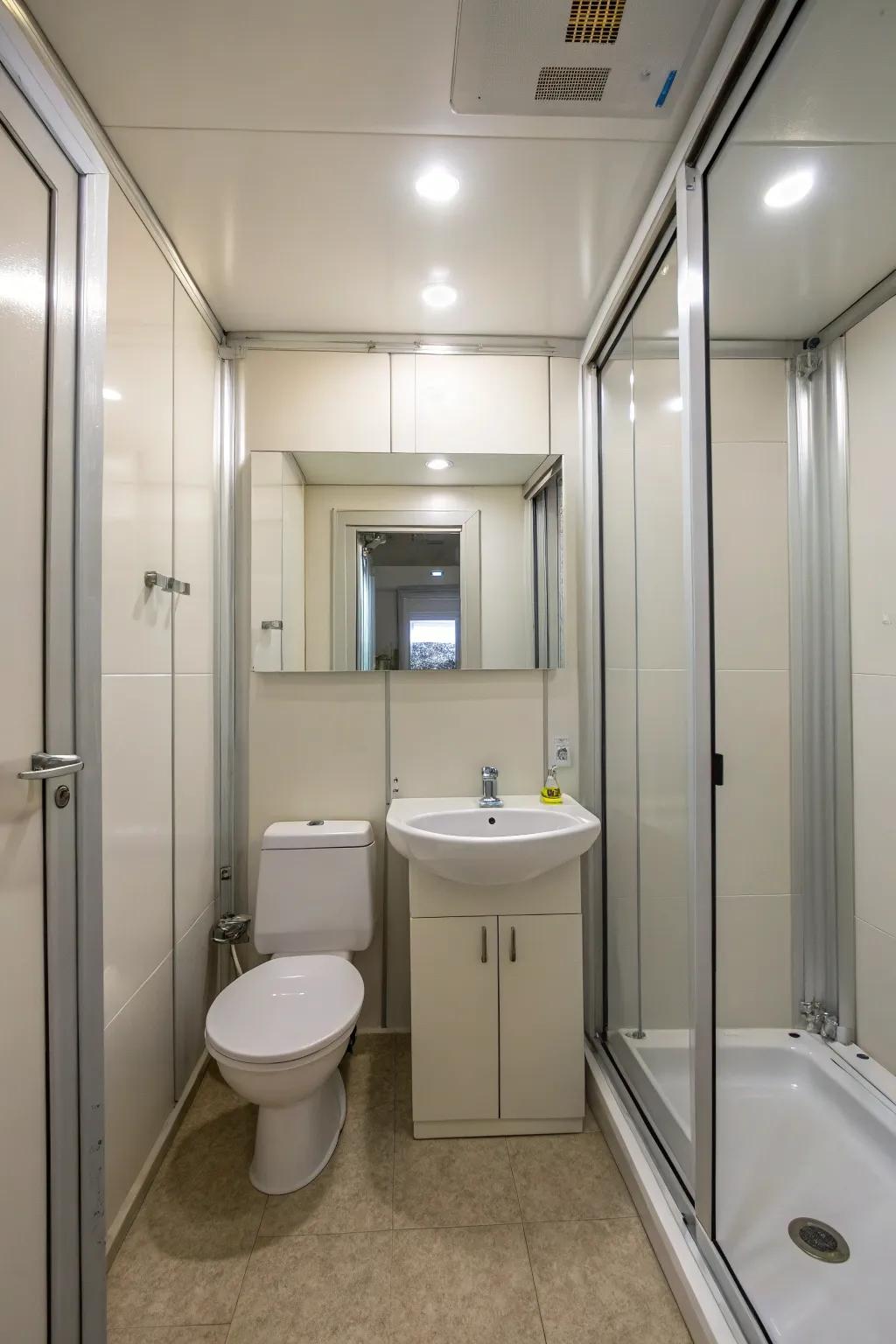 Mirrors on a modular wall create the illusion of more space.