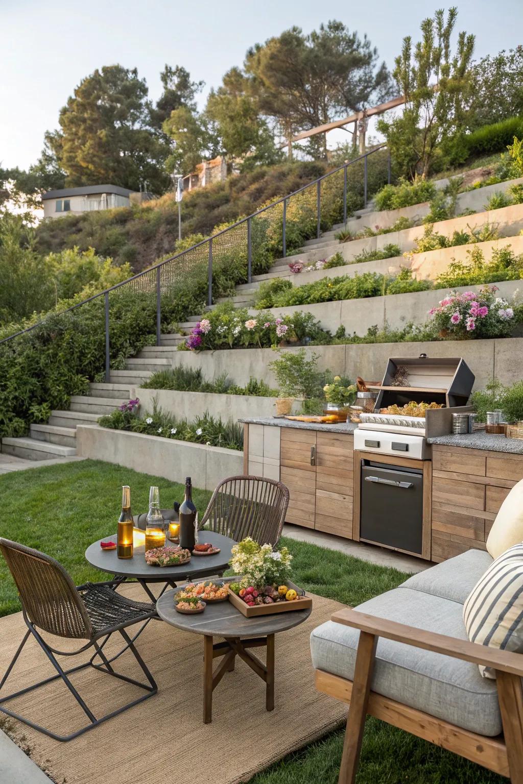 An open-air entertainment center in a layered garden, perfect for hosting friends and family.