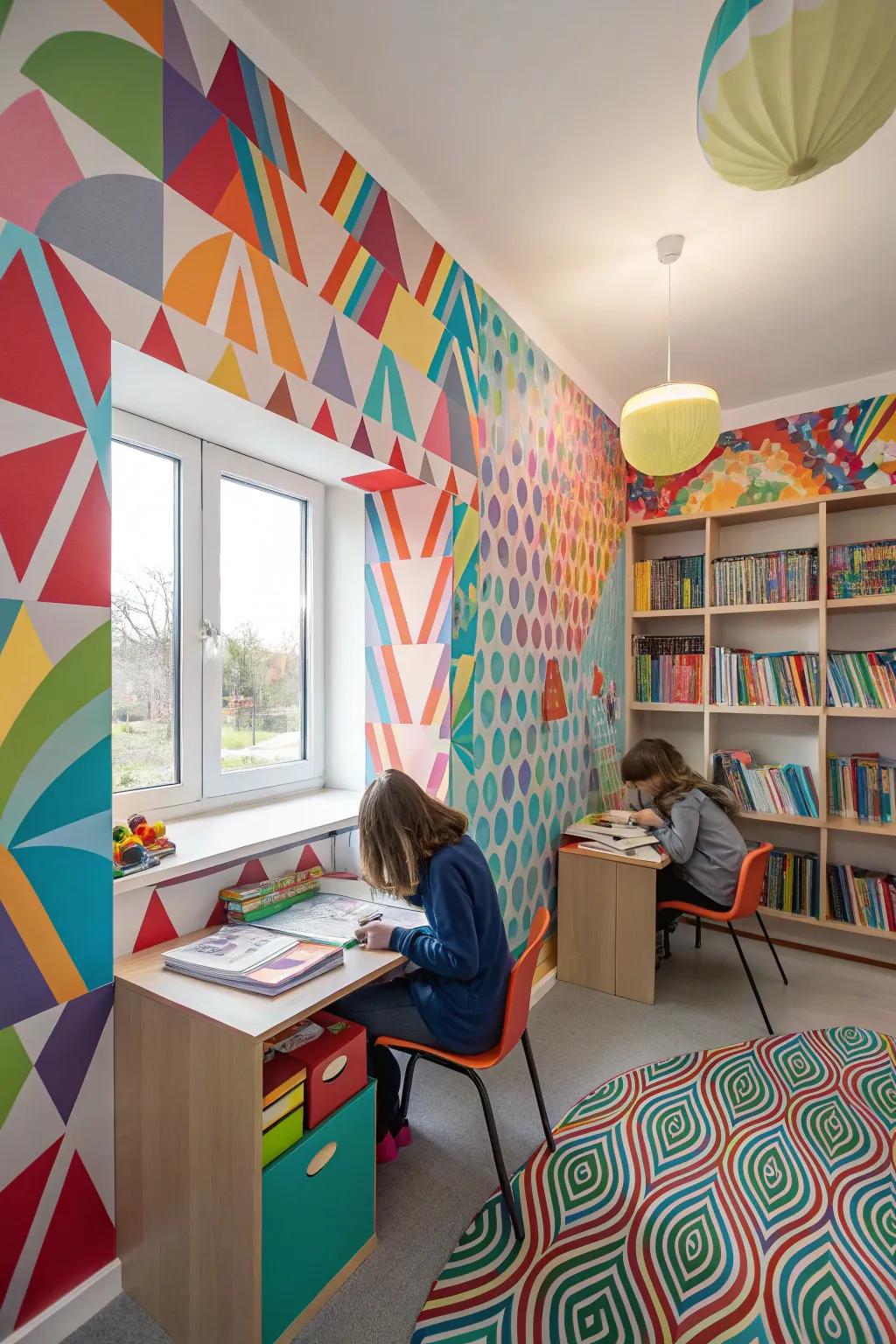 This study features textures that create a playful optical illusion on the walls.