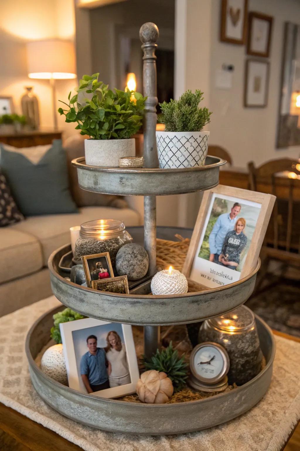 An eclectic-themed tiered display filled with cherished memories.