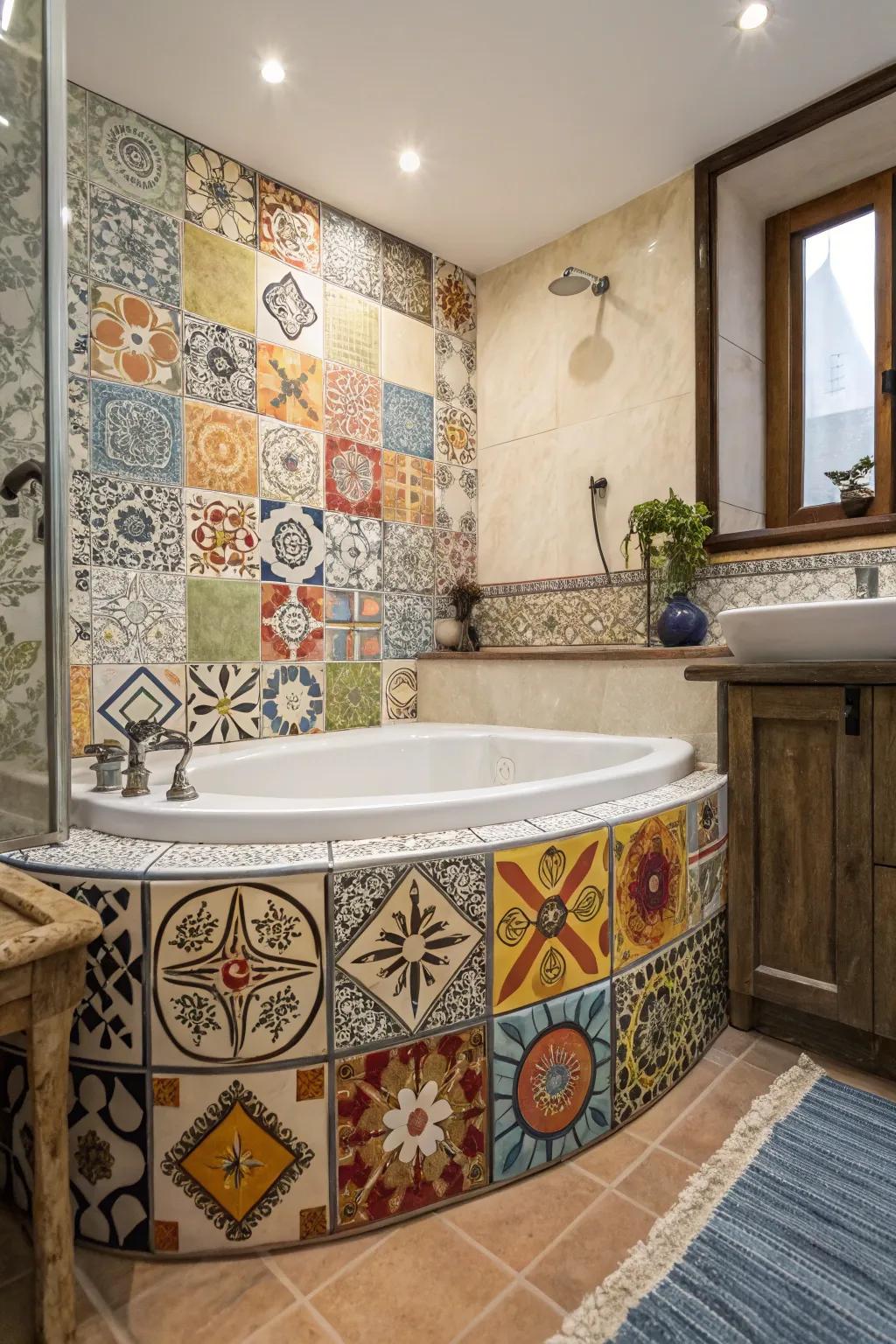 Mixed panel styles craft an eclectic and customized bathroom space.