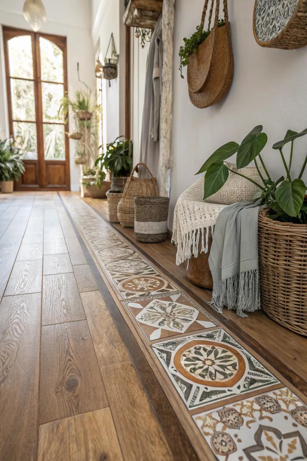 Patterned tile borders create a feature transition into a wood floor.