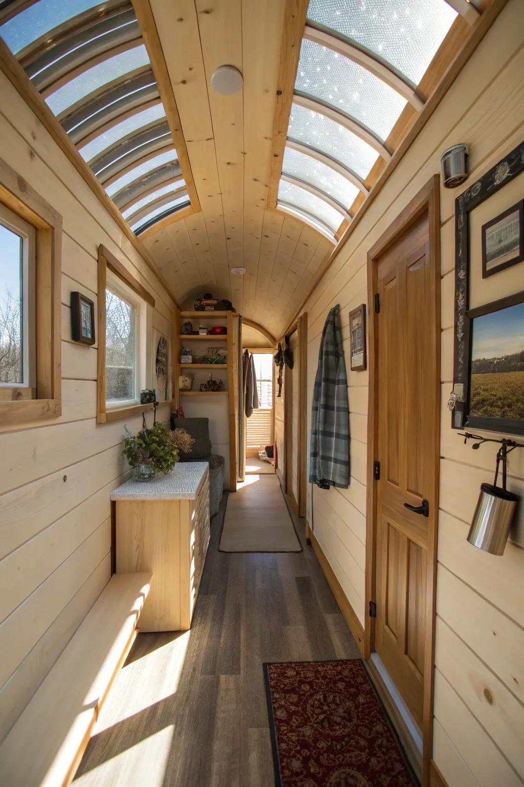 Solar tubes transport daylight to windowless zones.