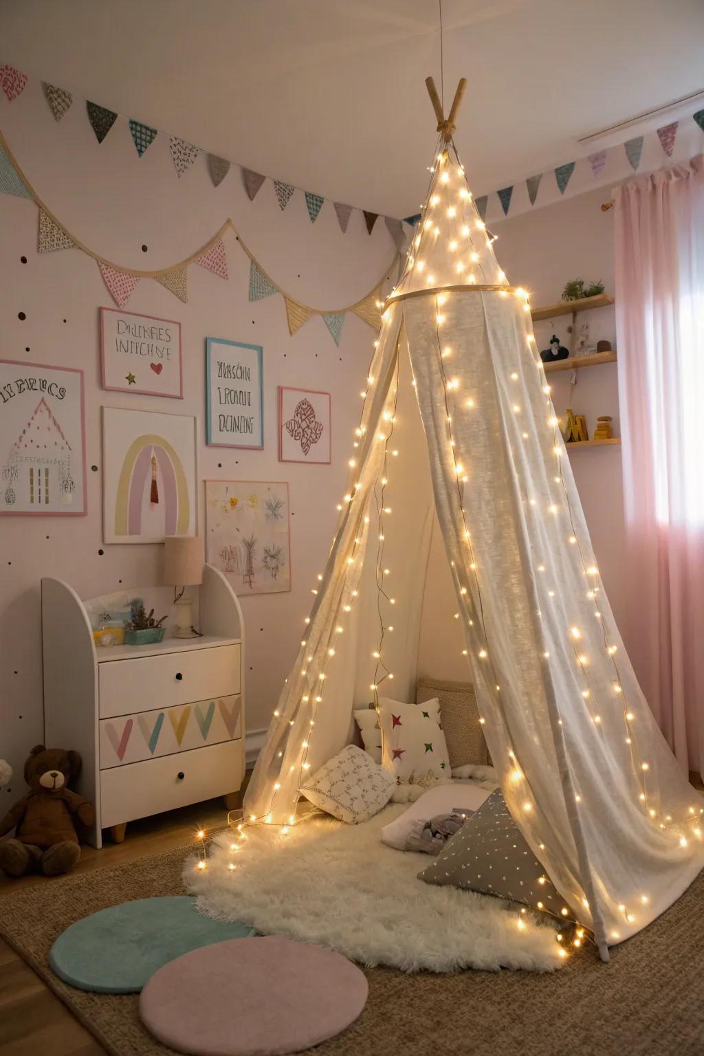 Pixie illumination imparts a bewitching element to the chamber.