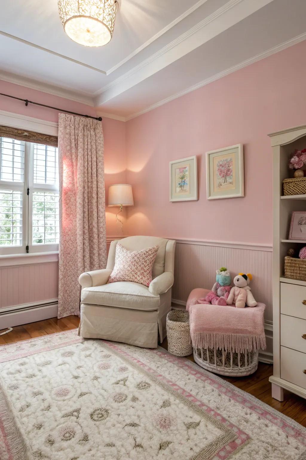 A nursery featuring walls painted in an understated pink.