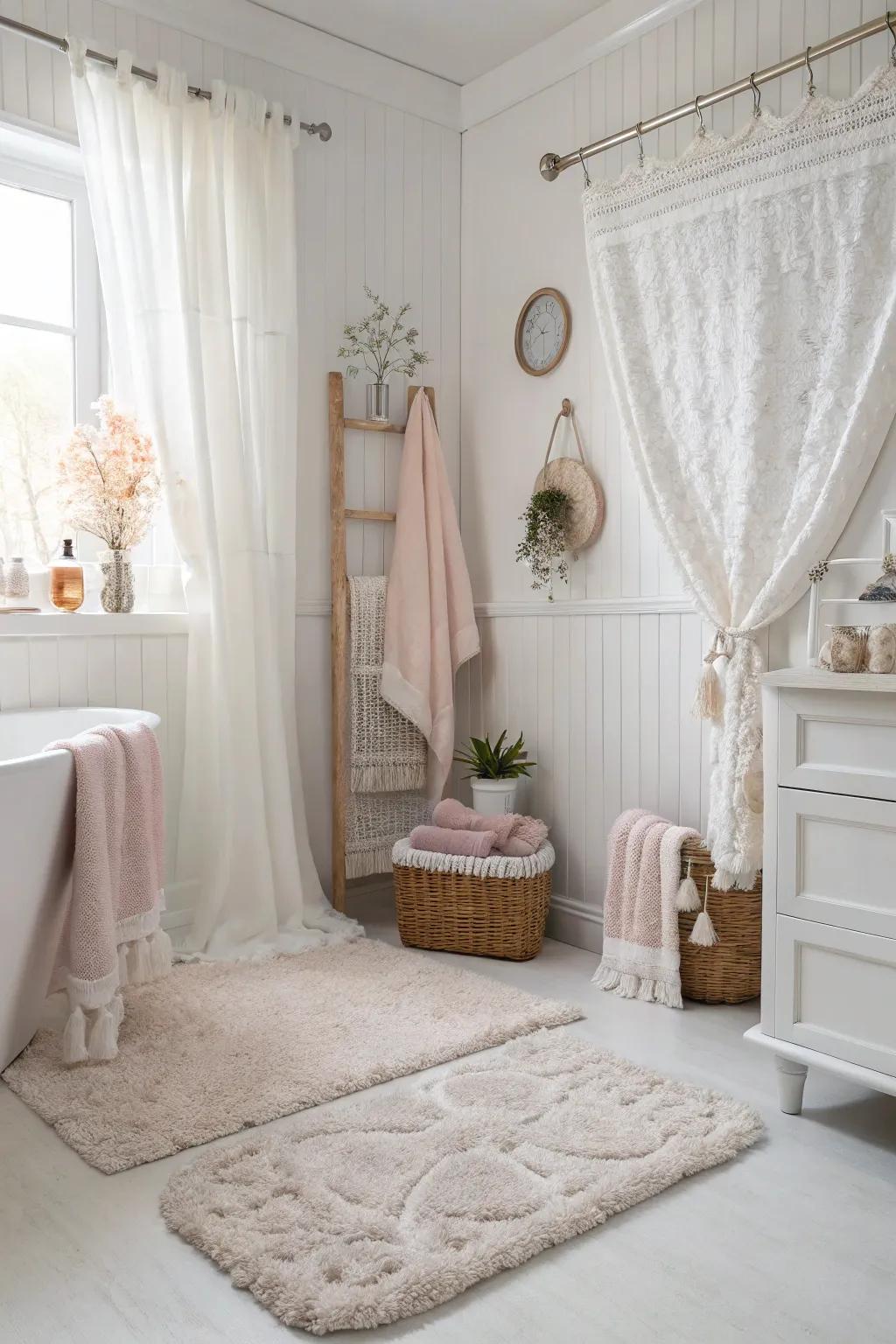 A white bathroom layered with soft fabrics for added warmth and comfort.