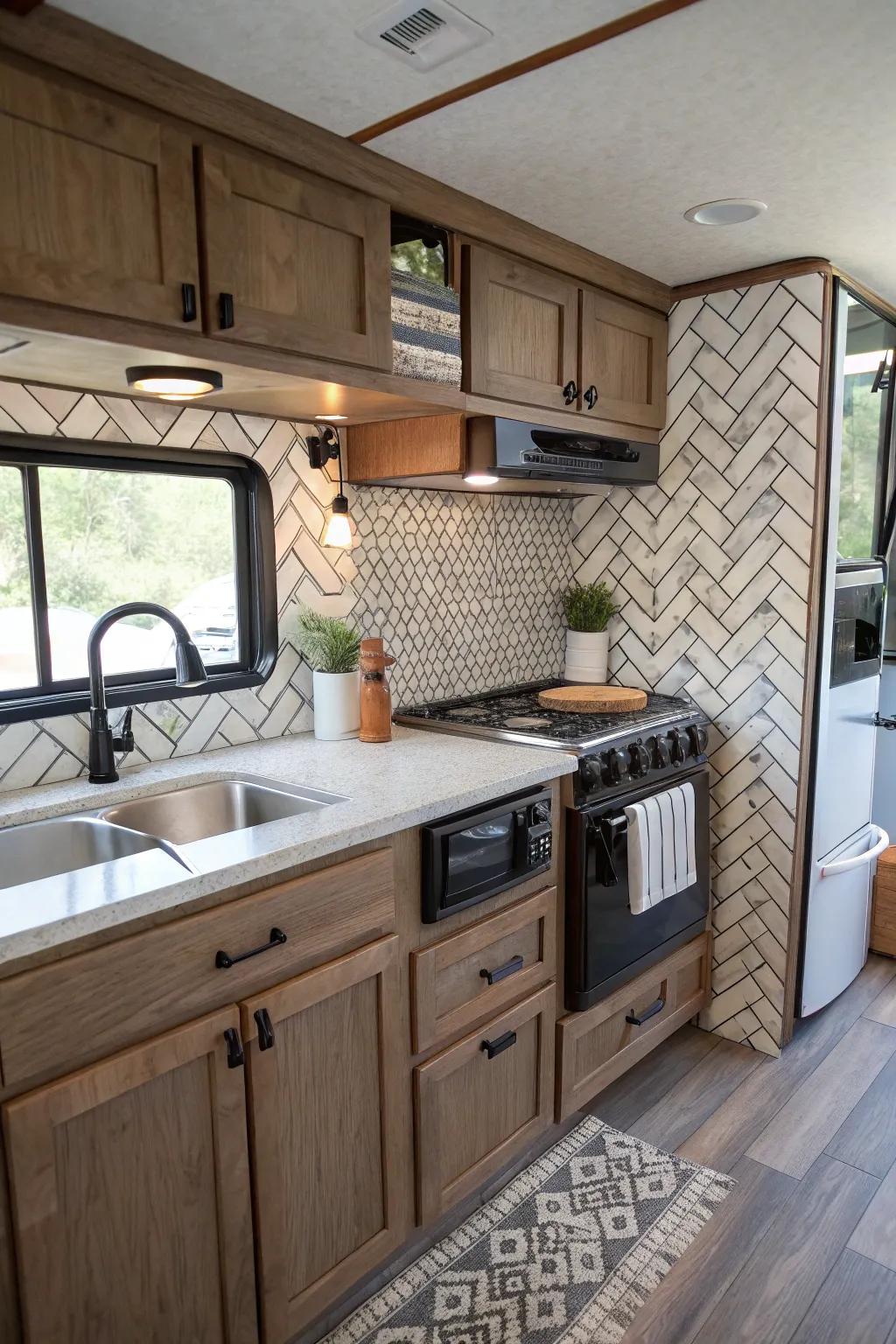 Angled arrangement patterns add sophistication to your RV kitchen.
