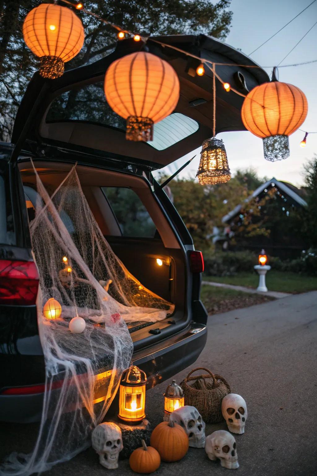 Webbed lanterns inject a haunting radiance.