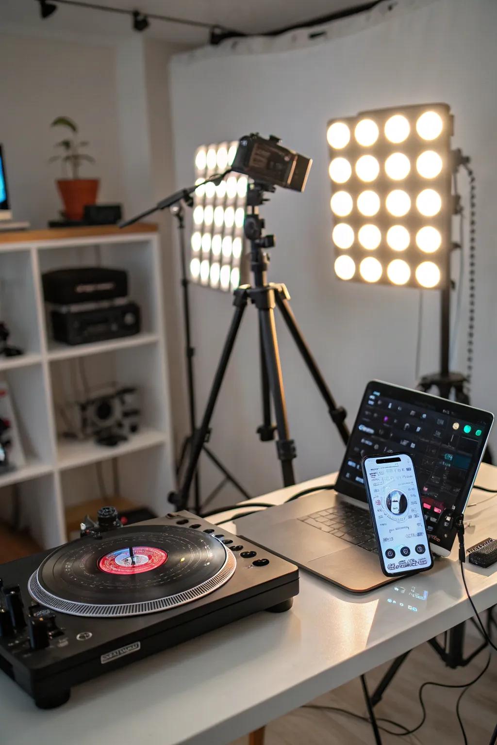 Intelligent lighting regulated via smartphone enhancing a record player space.