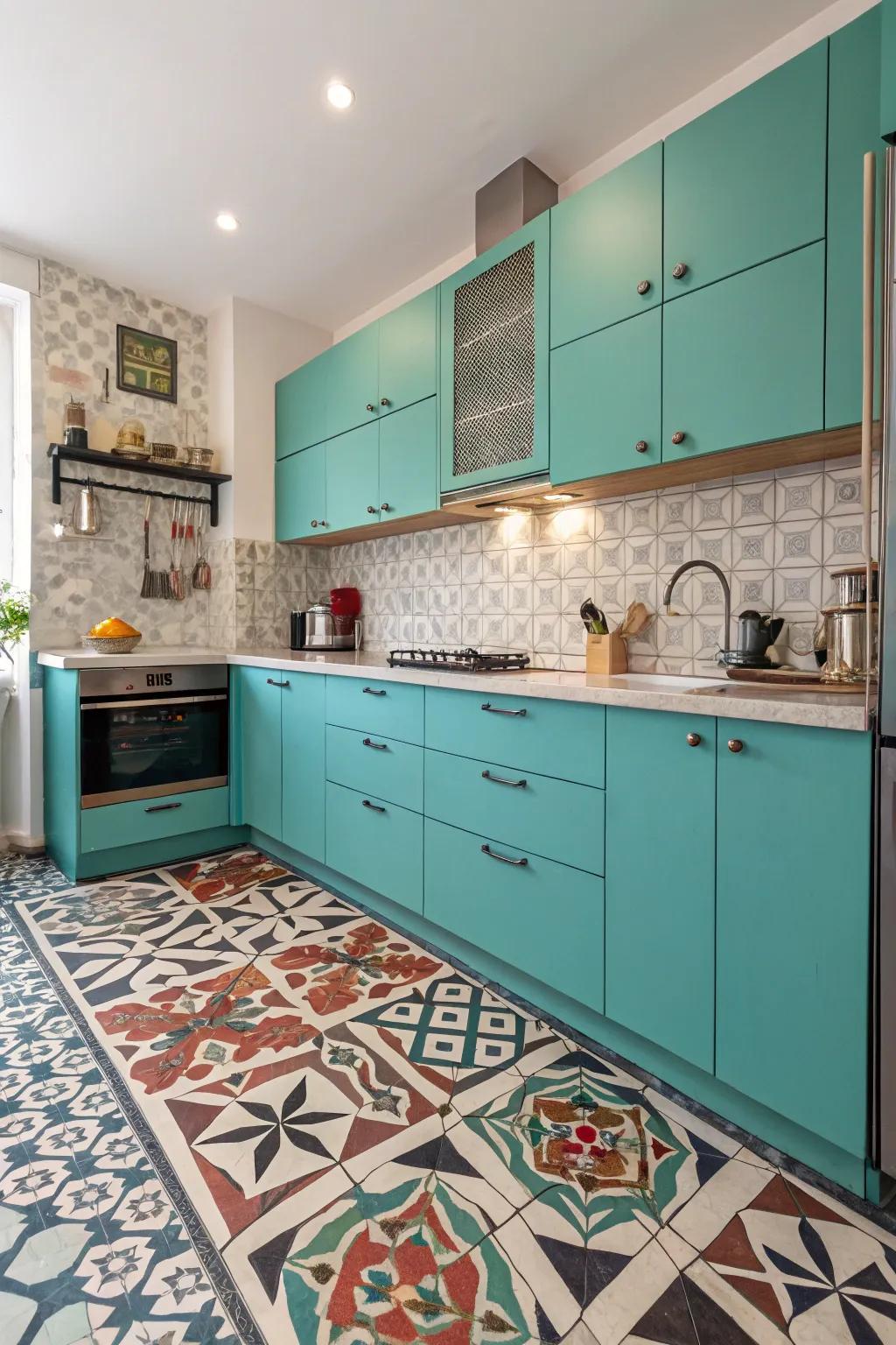 Geometric designs introducing a contemporary edge to turquoise cabinetry.
