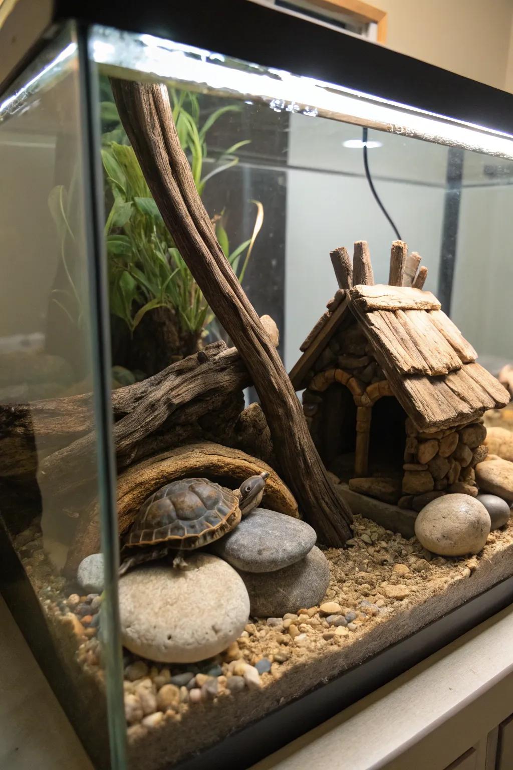 A tiny home adds a cozy charm and personal space for your turtle.