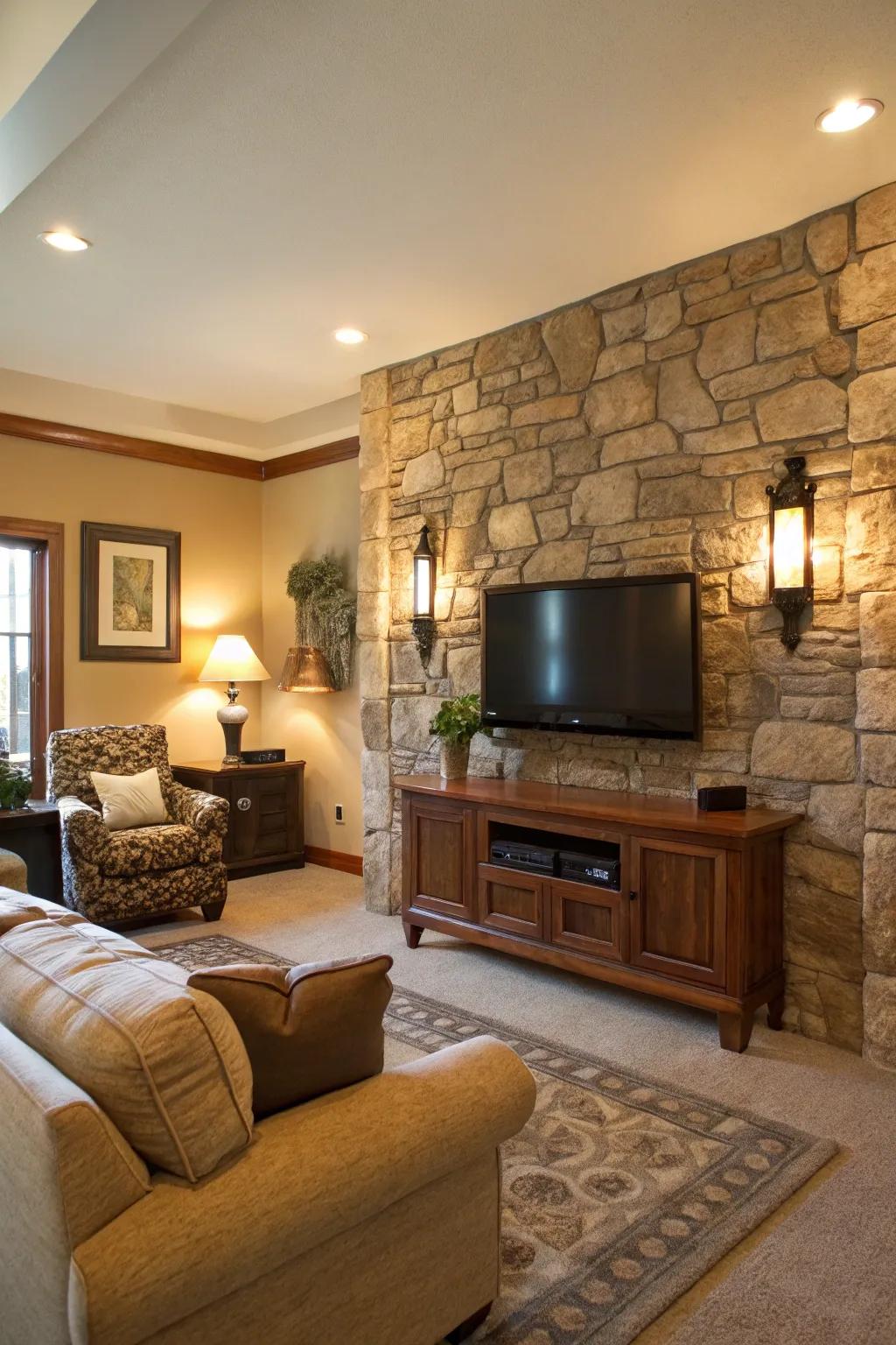 Authentic stone brings elegance and timelessness to this TV accent wall.
