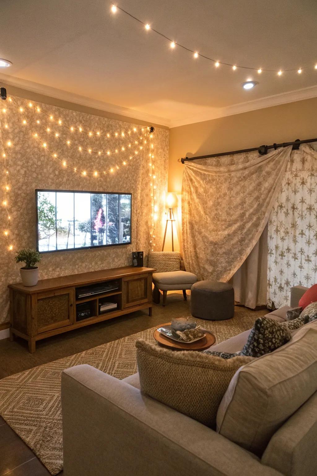 A TV wall with a rich, textile backing for added texture.