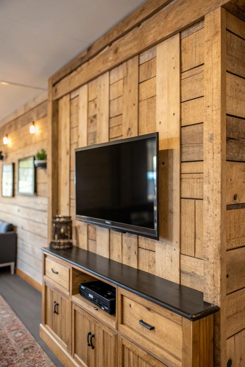 Distressed wood panels add vintage charm to this TV wall.