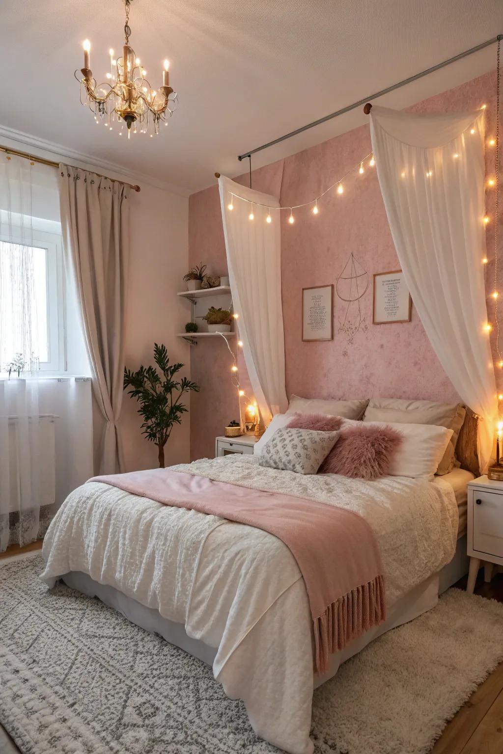A serene bedroom featuring ballet slipper and white walls, exuding romance and calm.