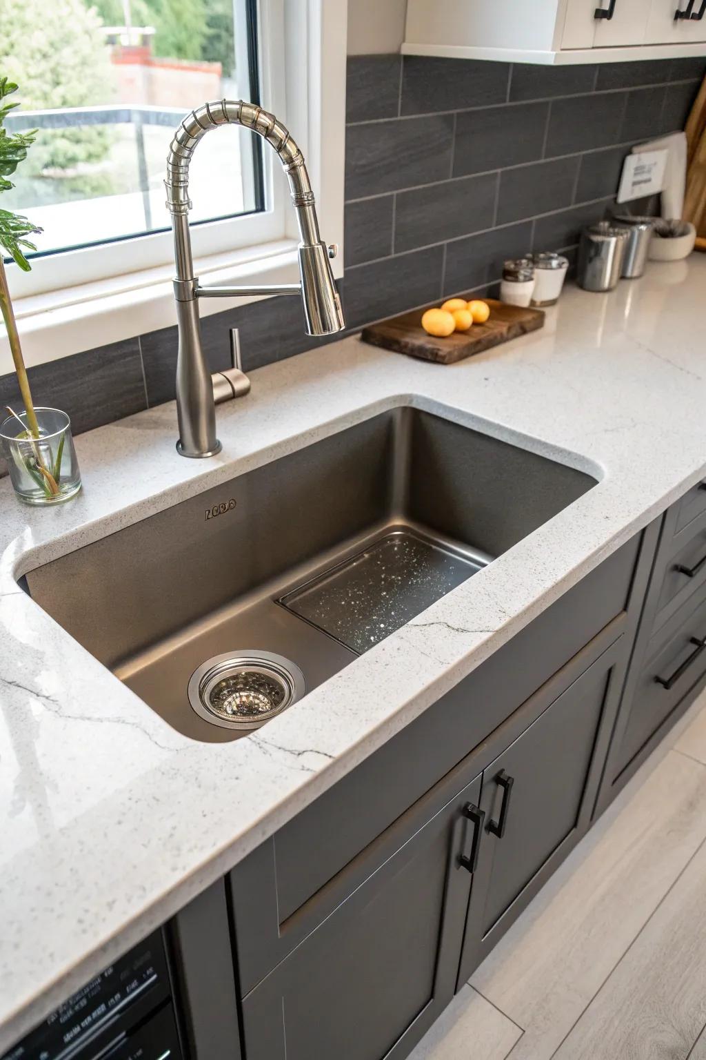 An undermount sink equipped with an aft-positioned drain, maximizing kitchen space.