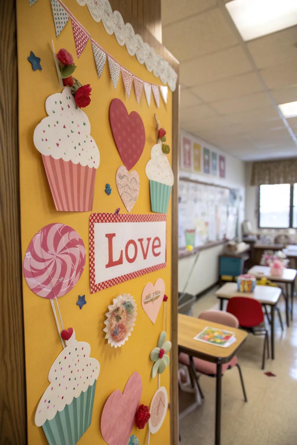 A Sugary Confections notice board featuring candy-themed embellishments.