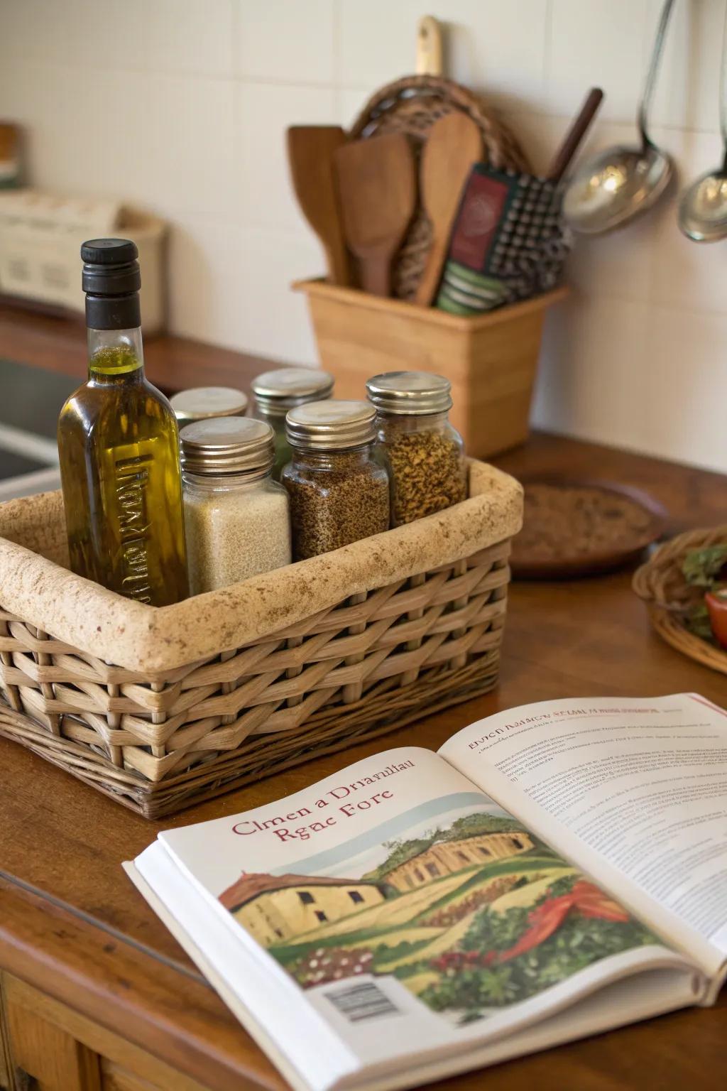 A basket with cooking essentials for inspired chefs.
