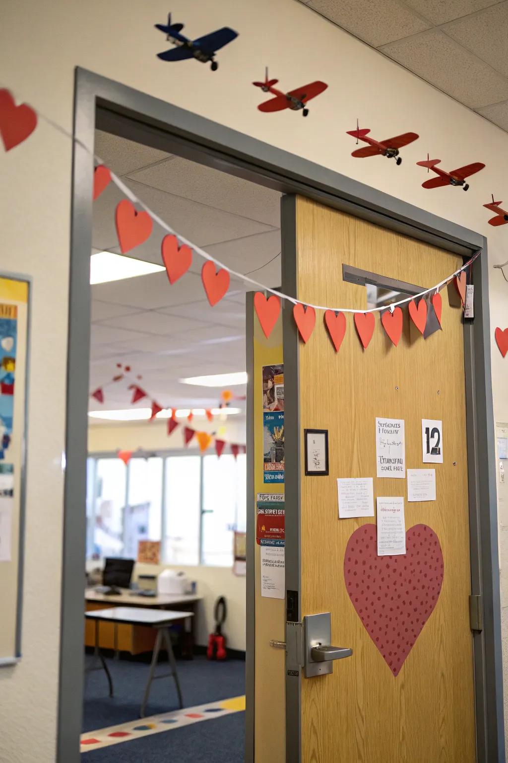 A dynamic classroom entrance with air-bound transports soaring heart-shaped banners.