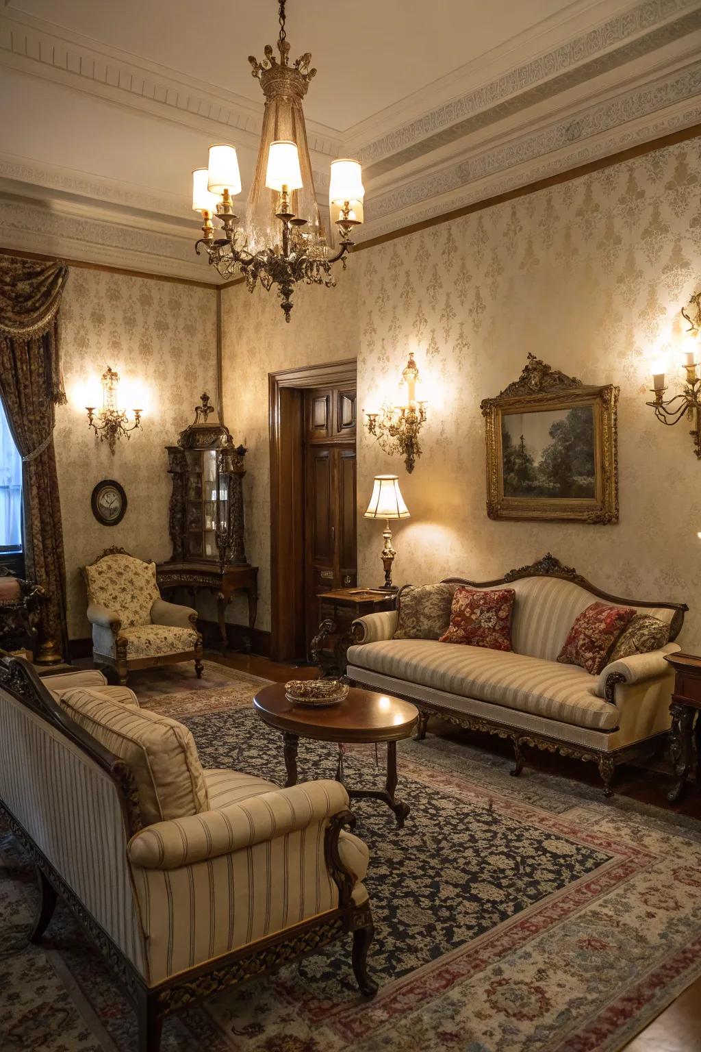 Ornate wall lights deliver delicate, ambient lighting within the room.