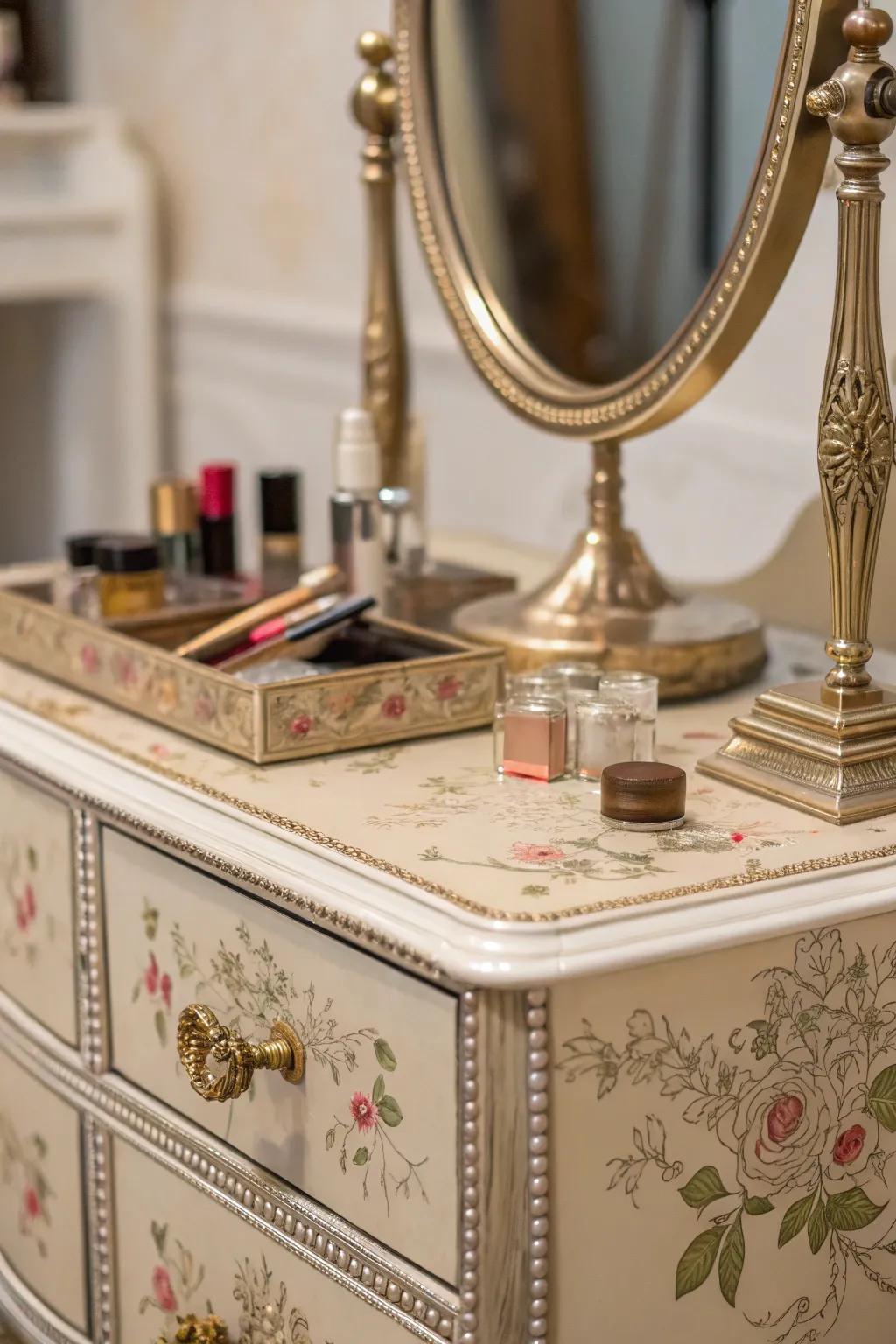 Metallic accents contribute sophistication to the vintage vanity aesthetic.