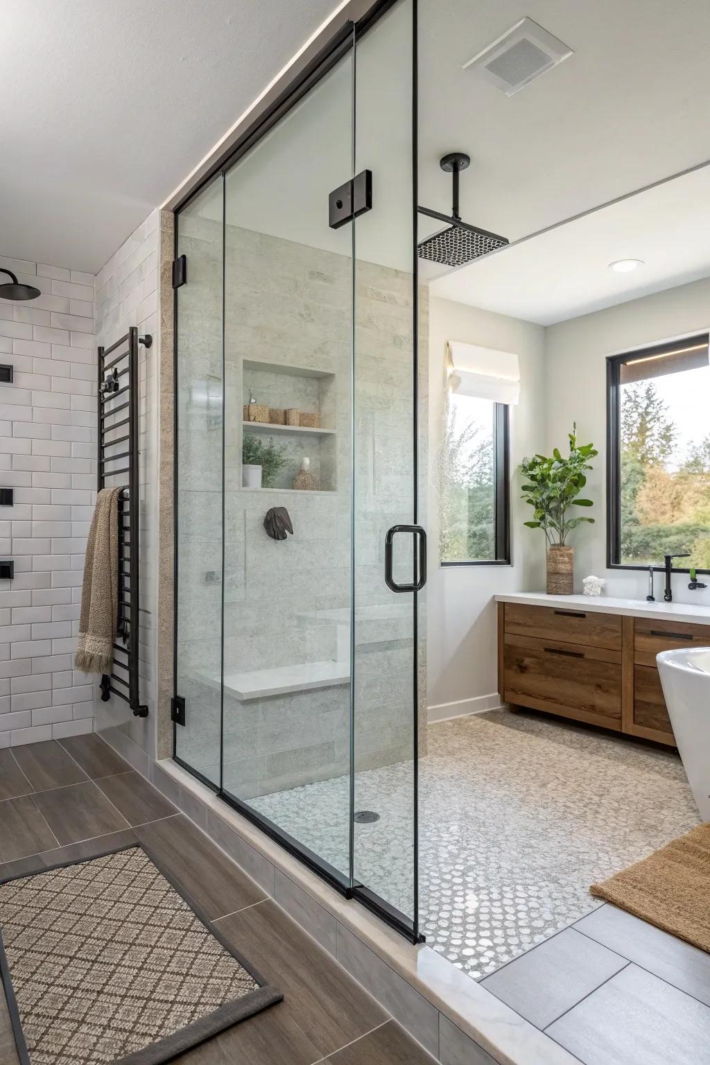A mix of textures creates a dynamic and curated look in this walk-in shower.
