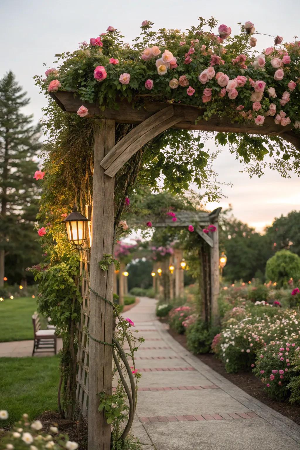 Flower-covered arches craft a dreamy, romantic garden ambiance.