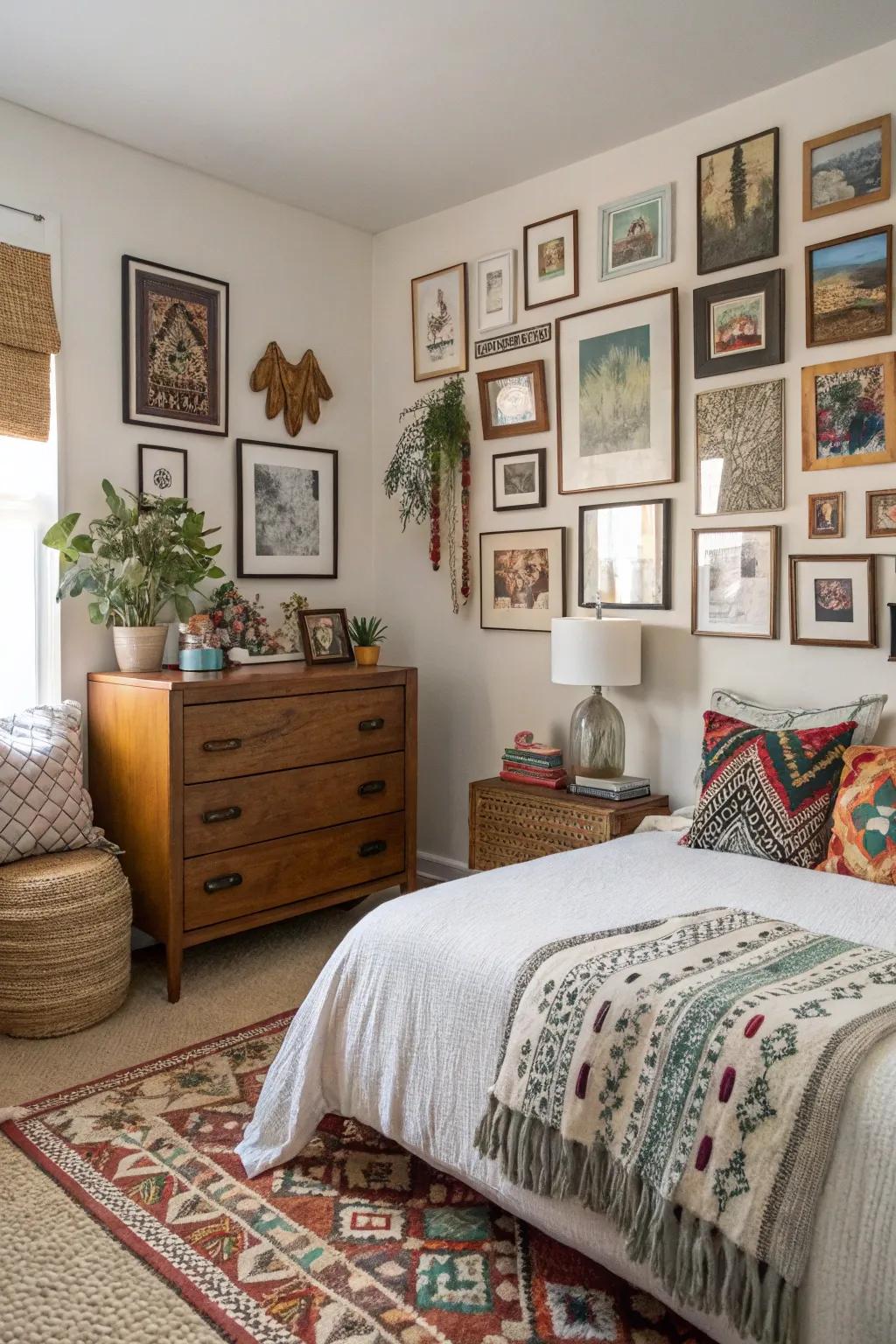 A gallery wall infuses a personal nuance to the sleep chamber.