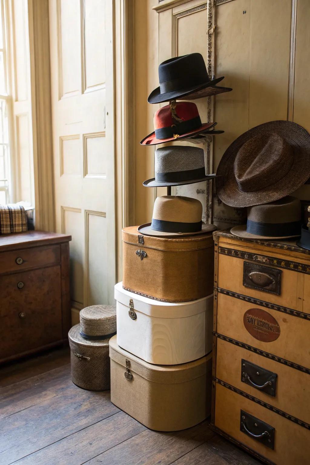 A classic hat display using vintage hat boxes