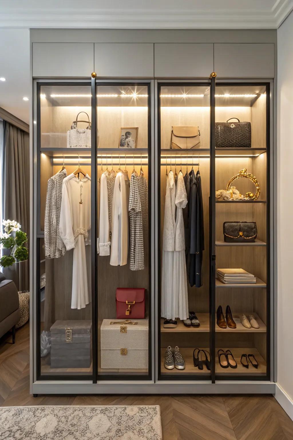 Glass closet doors for a modern display.