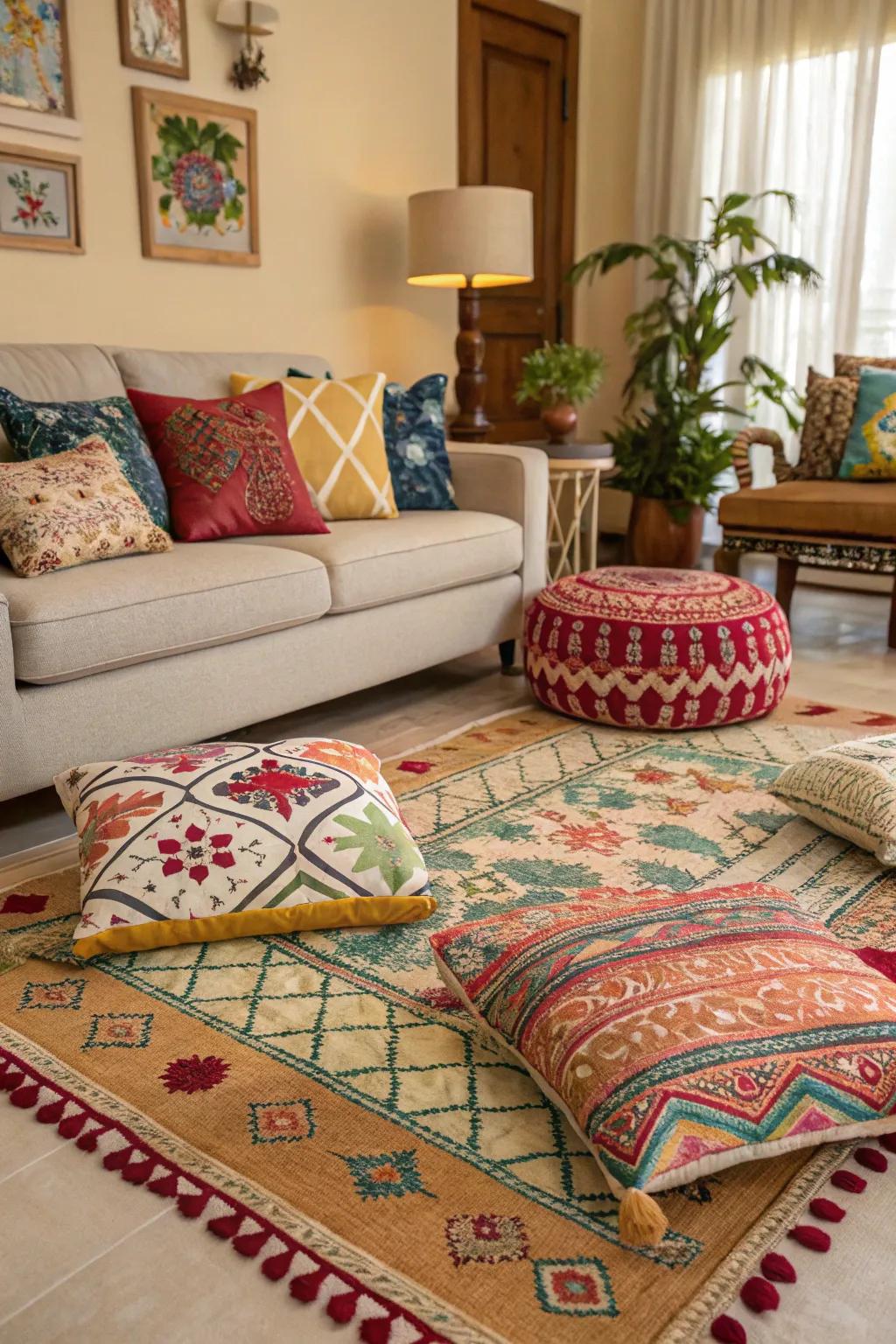 Design blending infuses visual interest and liveliness into a neutral living area.