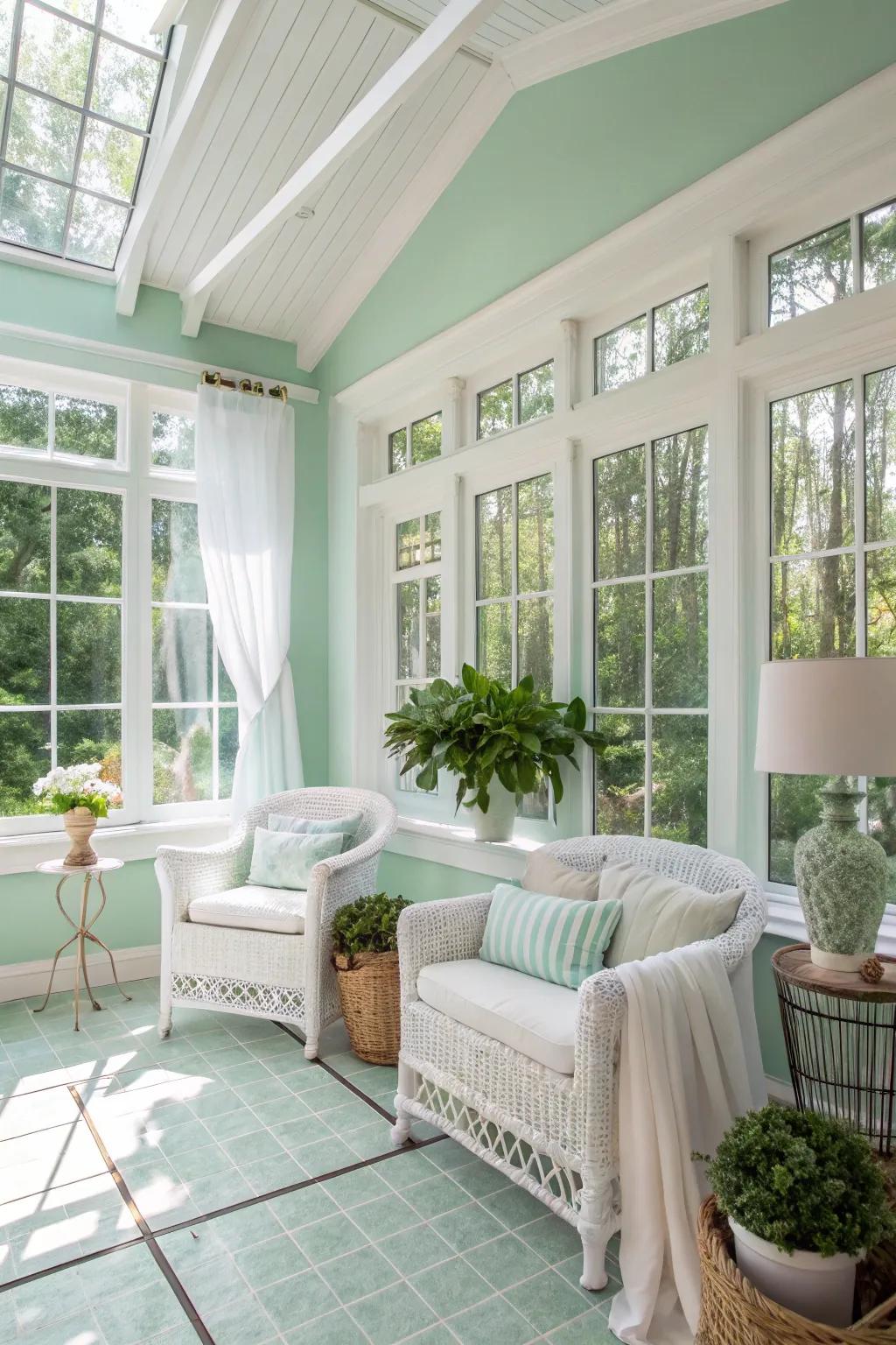 Sunroom with soft spring walls, exuding a fresh and revitalizing sensation.