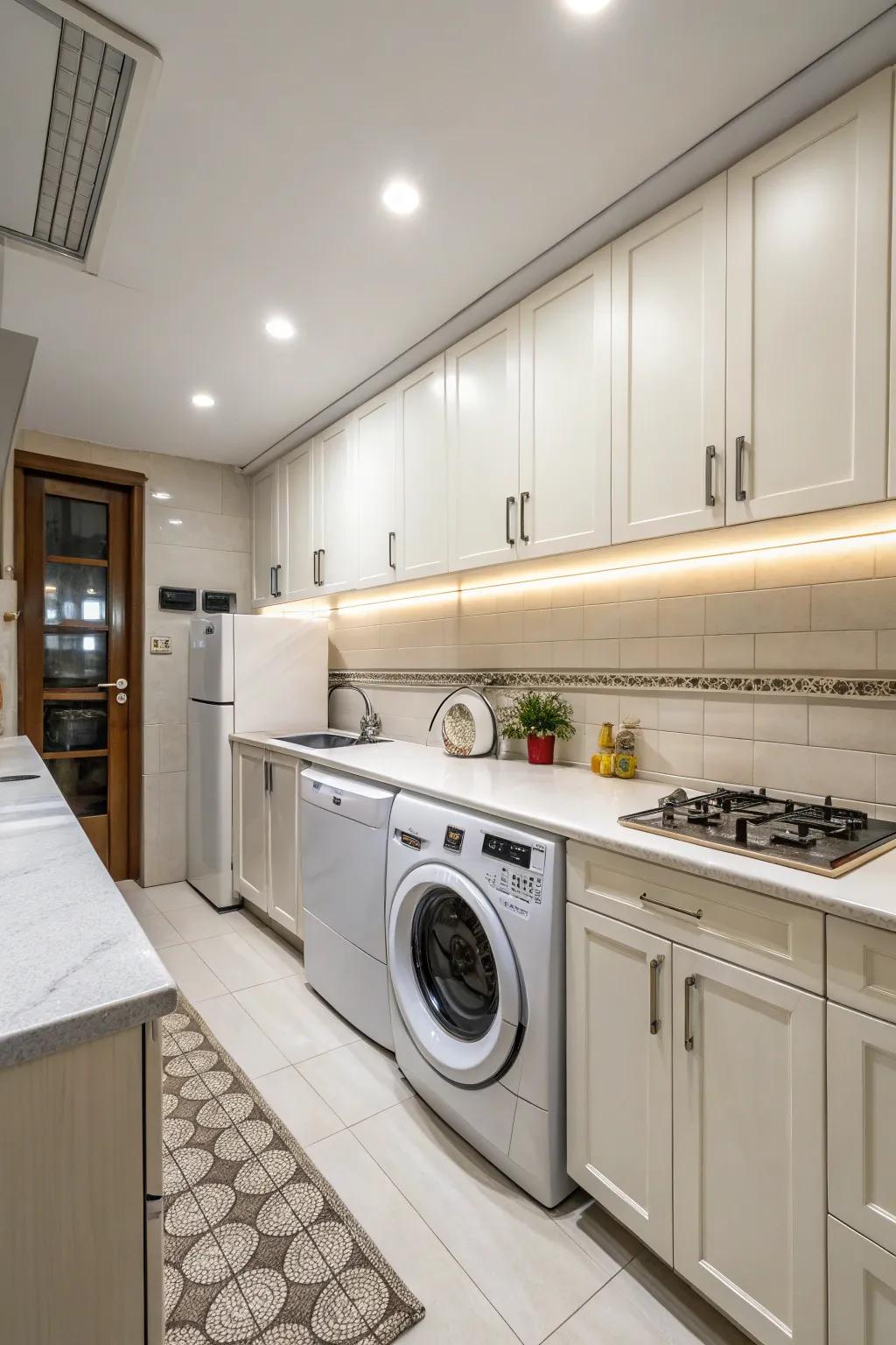 A functional work space includes a laundry pair for seamless workflow.