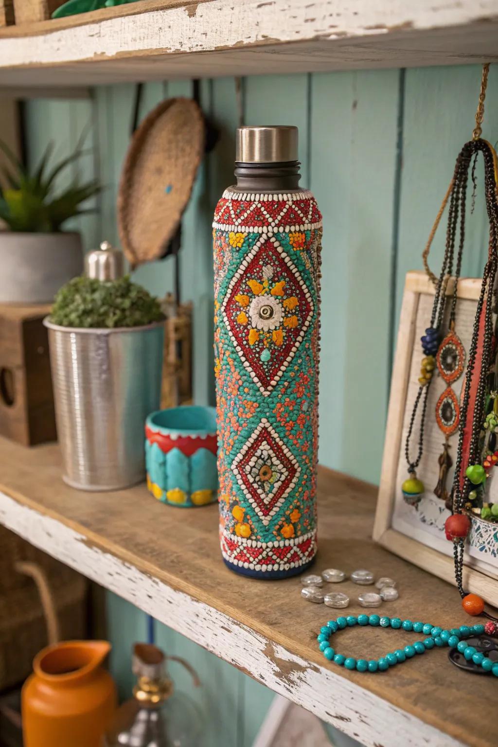 An elegant beverage container embellished via intricate ornamental drop design.
