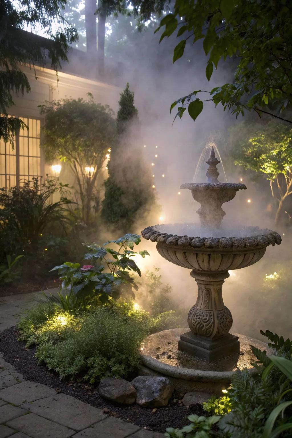 A fog cascade designs a dreamy garden atmosphere.