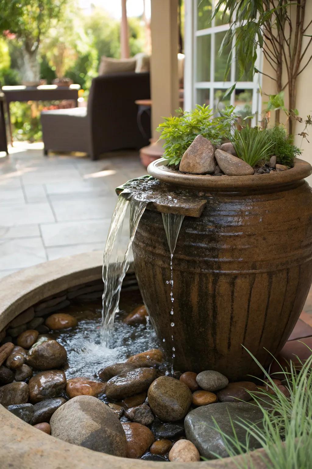 Large pots can support charming water features in tight spaces.