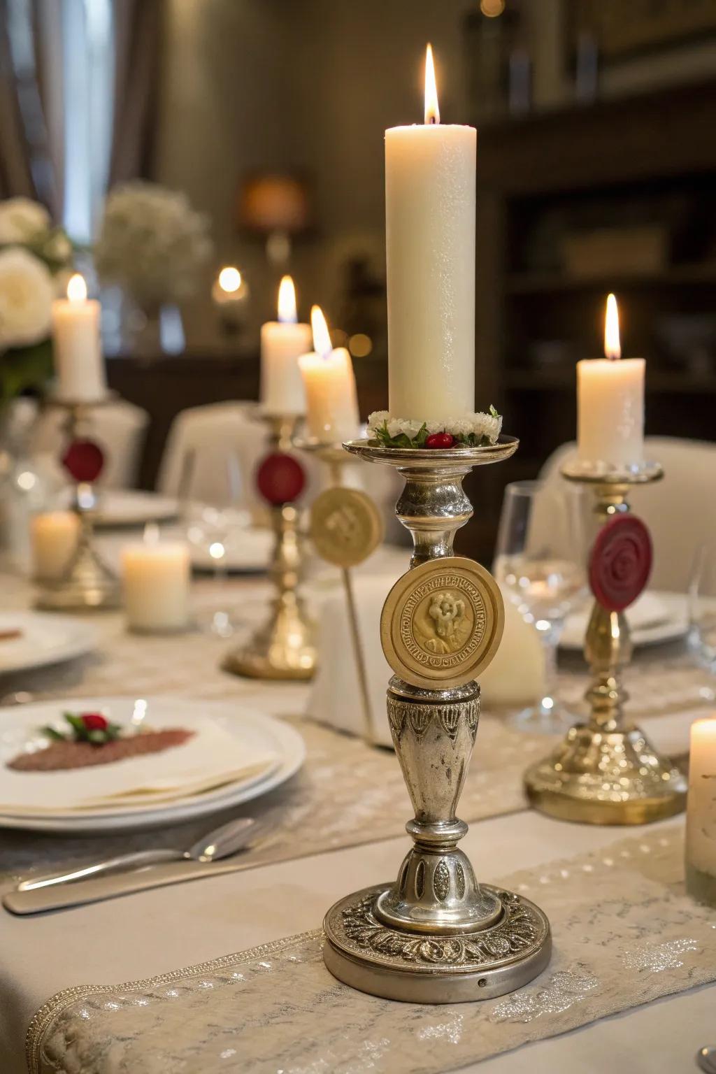 Candle stands enhanced with wax seals, producing a stunning and elegant centerpiece.