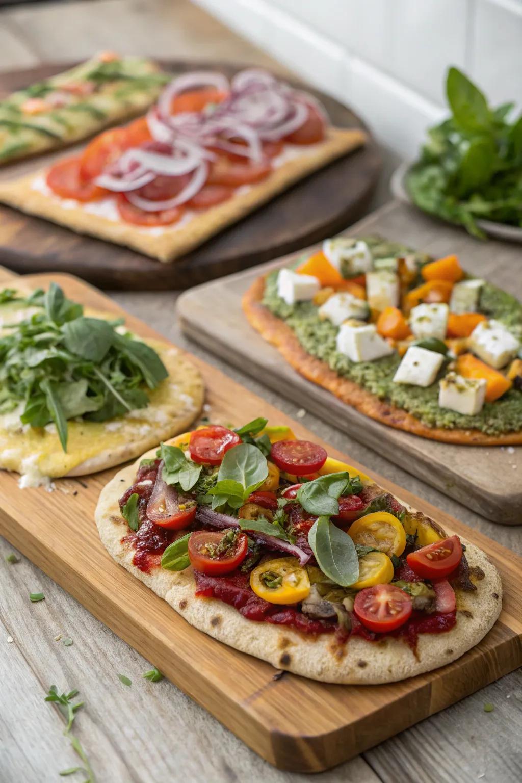A selection of creative flatbreads topped using fresh and tasty ingredients.