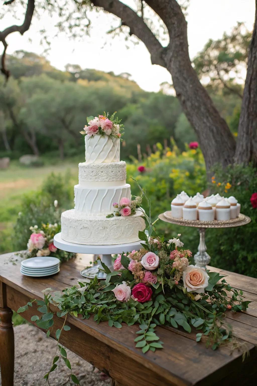 A wedding cake beautifully arranged against an organic backdrop.