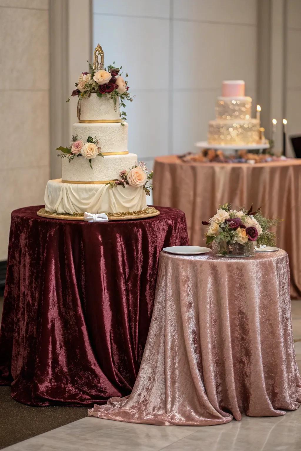 Luxurious textures elevate the cake table's appeal.