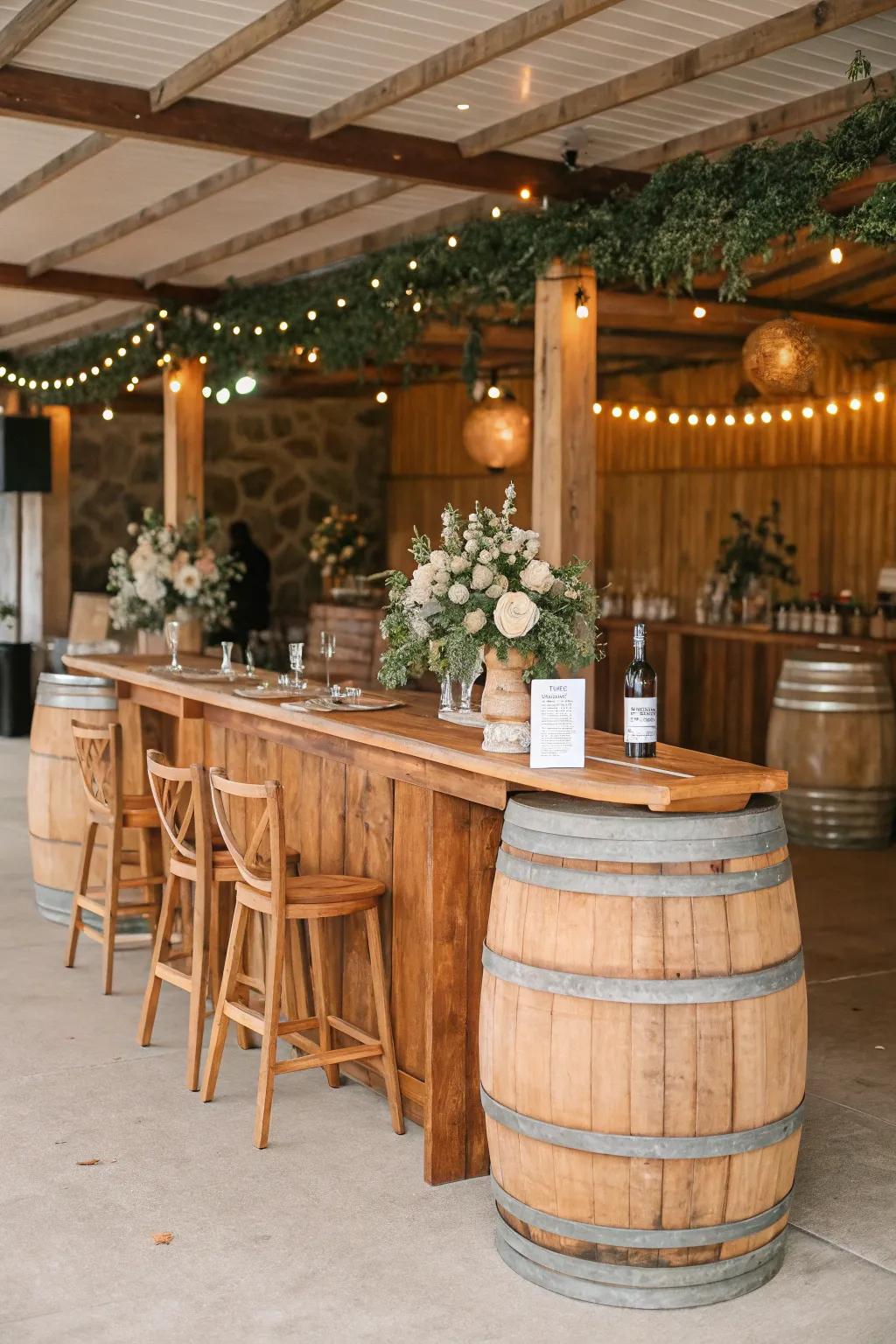 A countryside cask counter setup at a wedding, adding a charming country vibe to the event.