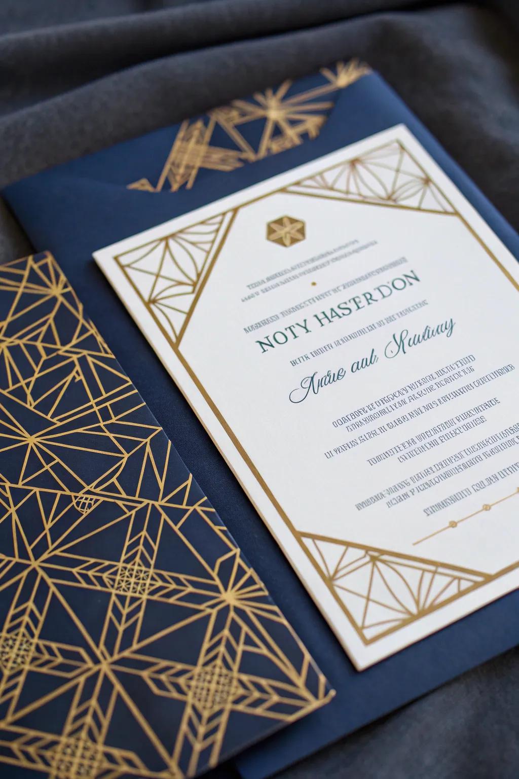 Announcement with shape-based patterns on a navy canvas.